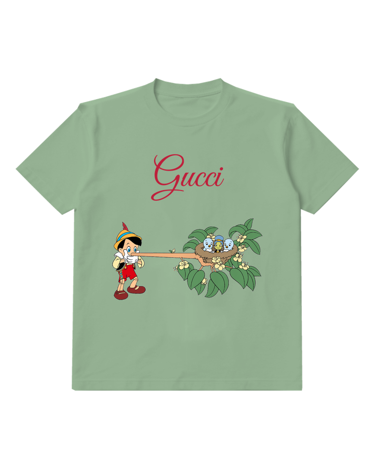 Sage Green Pinocchio Extends Long Nose Toward Nest Graphic T-Shirt - front product view
