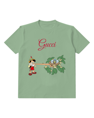 Sage Green Pinocchio Extends Long Nose Toward Nest Graphic T-Shirt - front product view