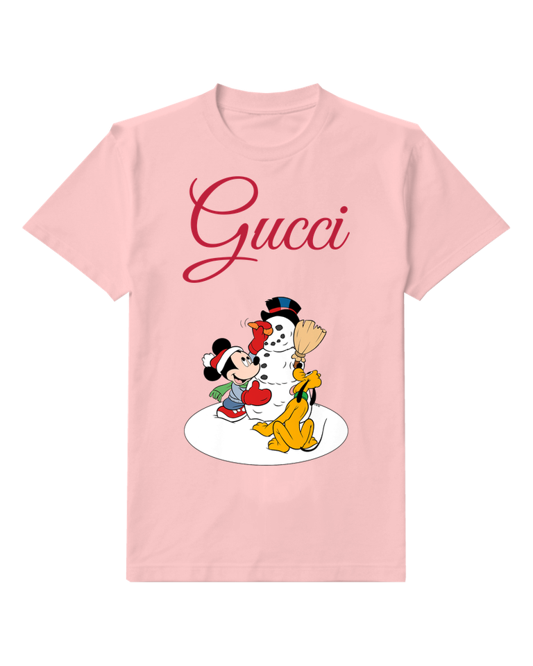 Blush Pink Mickey And Pluto Building Snowman Graphic T-Shirt - front product view