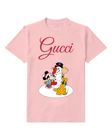 Blush Pink Mickey And Pluto Building Snowman Graphic T-Shirt - front product view