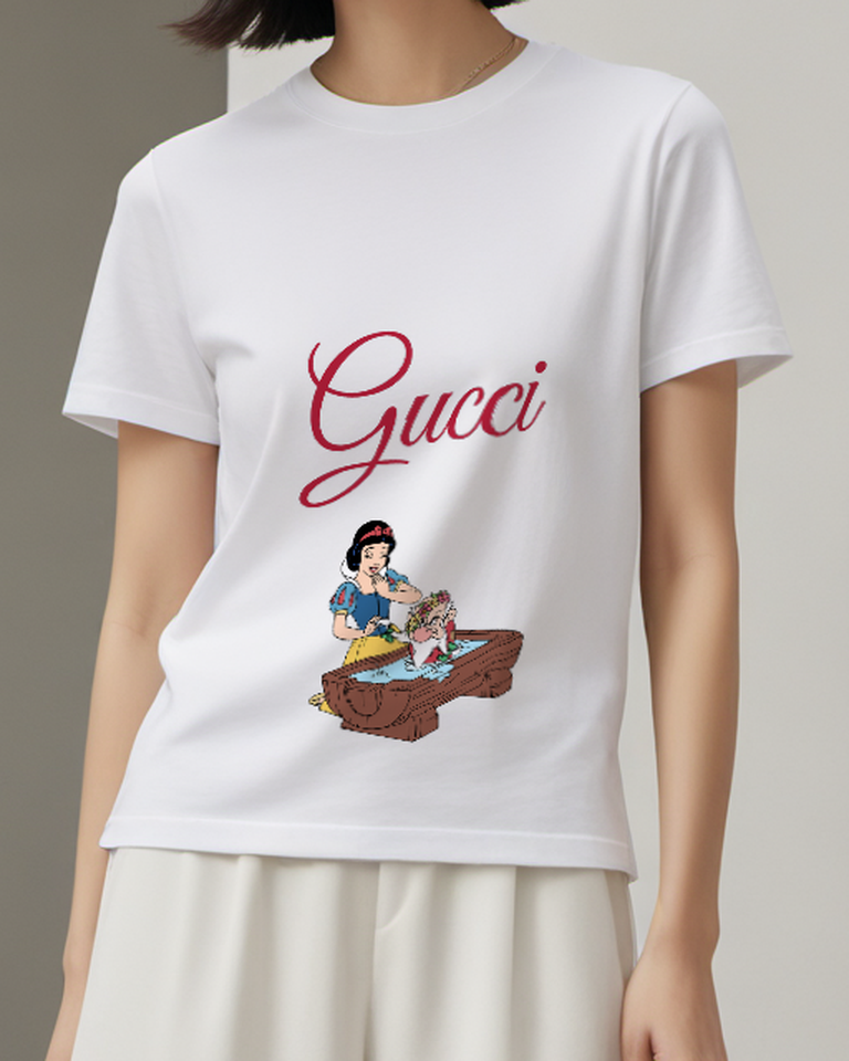 White Snow White Bathes Grumpy In Tub Graphic T-Shirt - model wearing view