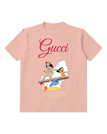 Blush Pink Lilo And Stitch Surfing Together Graphic T-Shirt - front product view