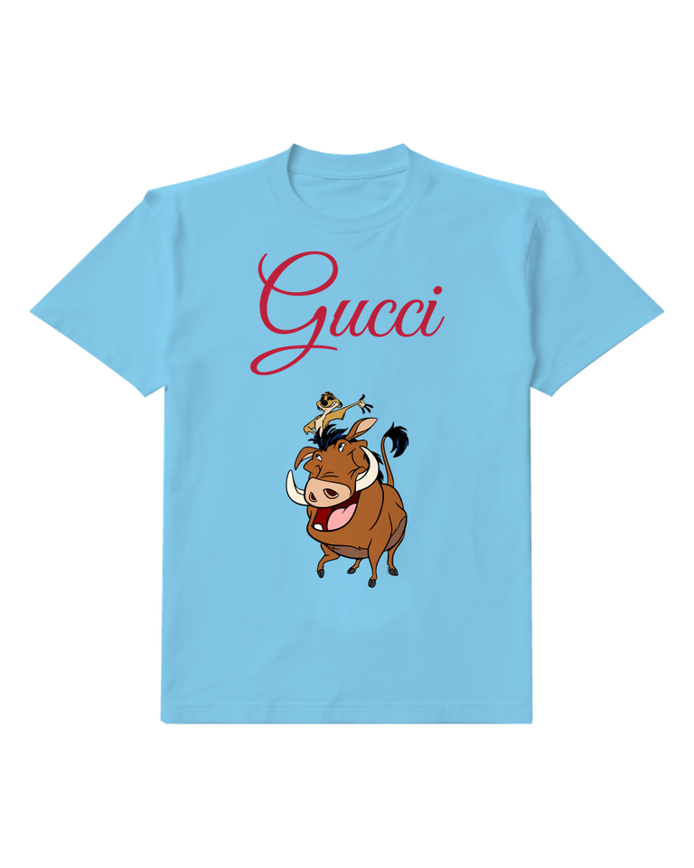 Sky Blue Timon Atop Pumbaa Both Smiling Graphic T-Shirt - front product view