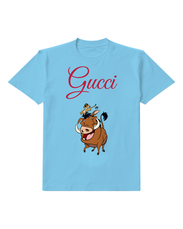 Sky Blue Timon Atop Pumbaa Both Smiling Graphic T-Shirt - front product view