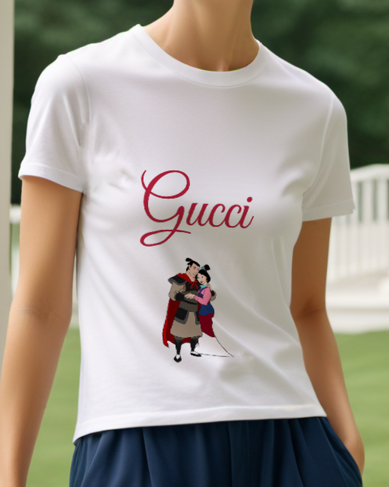 Light Gray Mulan And Li Shang Embracing Graphic T-Shirt - model wearing view