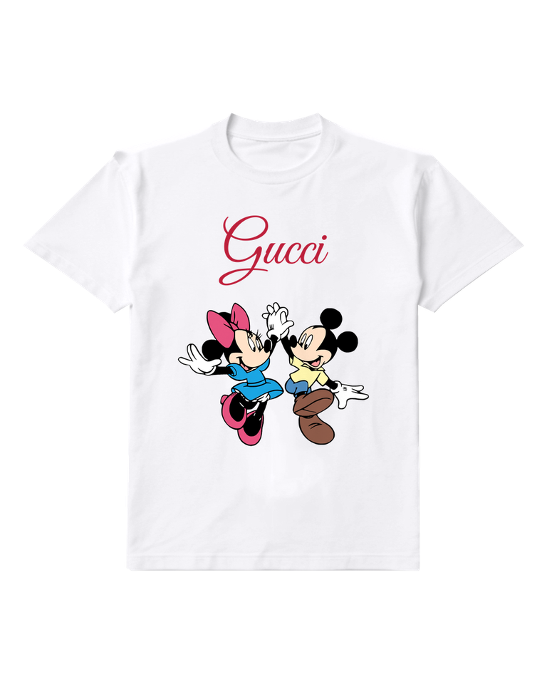 White Mickey And Minnie Jumping Together Graphic T-Shirt - front product view
