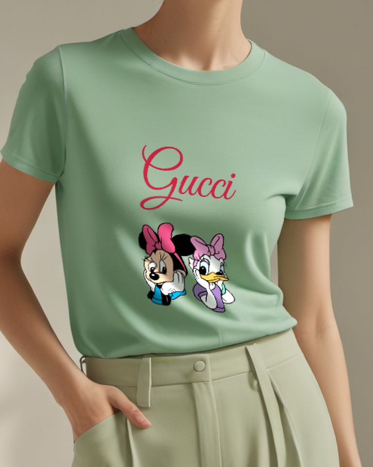 Sage Green Minnie And Daisy Hands On Cheeks Graphic T-Shirt - model wearing view