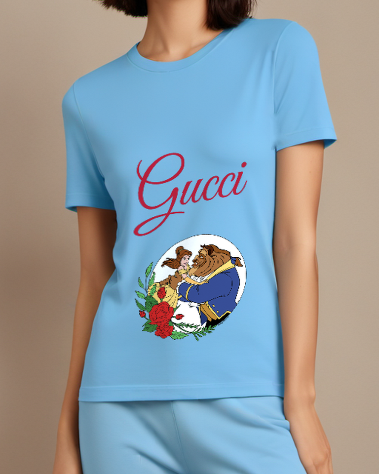 Sky Blue Belle And Beast Embracing In Dance Graphic T-Shirt - model wearing view