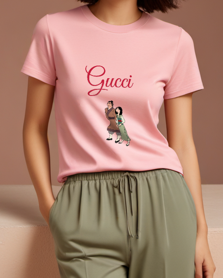 Blush Pink Mulan And Li Shang Standing Side By Side Graphic T-Shirt - model wearing view