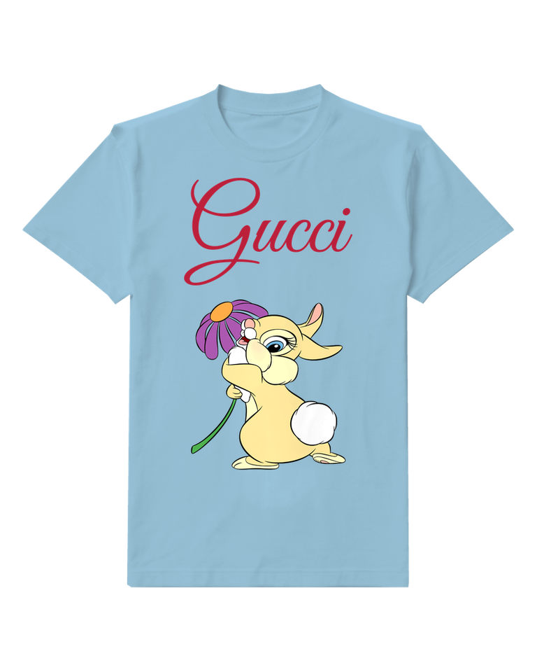 Sky Blue Rabbit Beneath Purple Flower Graphic T-Shirt - front product view