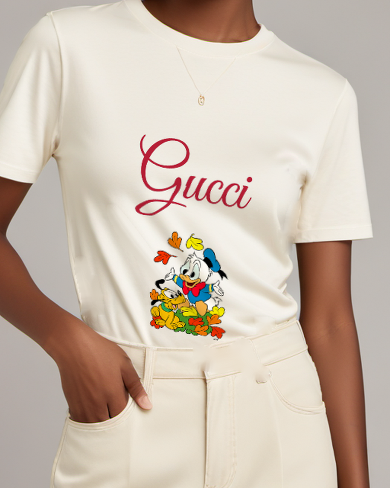 White Donald Duck And Pluto In Autumn Leaves Graphic T-Shirt - model wearing view