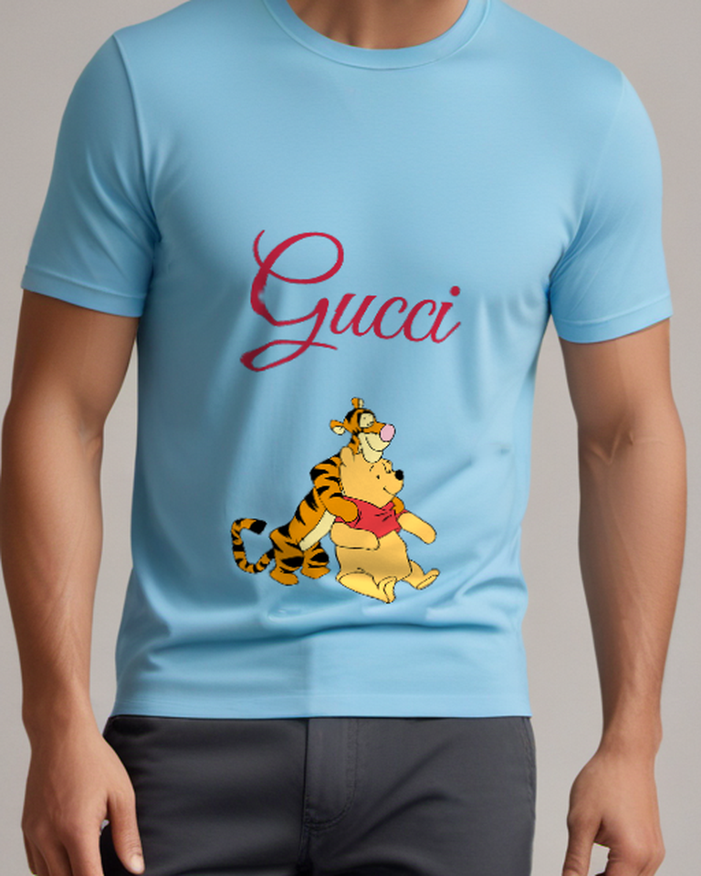 Sky Blue Tiger Hugs Bear In Seated Position Graphic T-Shirt - model wearing view