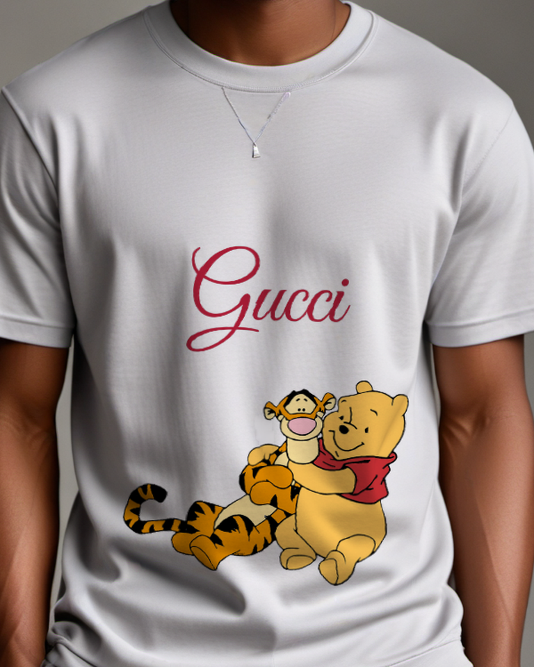 Light Gray Tigger Hugs Pooh From Behind Graphic T-Shirt - model wearing view