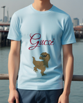 Sky Blue Brown Dinosaur Raised Foot Graphic T-Shirt - model wearing view