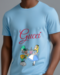 Sky Blue Mad Hatter Offers Cake To Alice Graphic T-Shirt - model wearing view