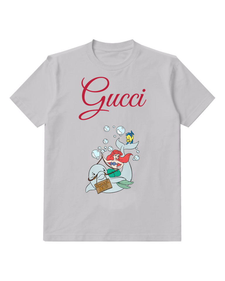 Light Gray Ariel On Dolphin With Flounder Above Graphic T-Shirt - front product view
