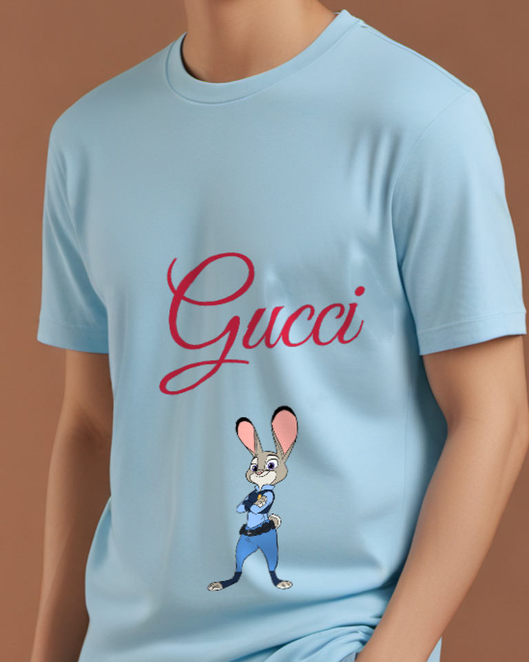 Sky Blue Rabbit Police Officer Stand Graphic T-Shirt - model wearing view
