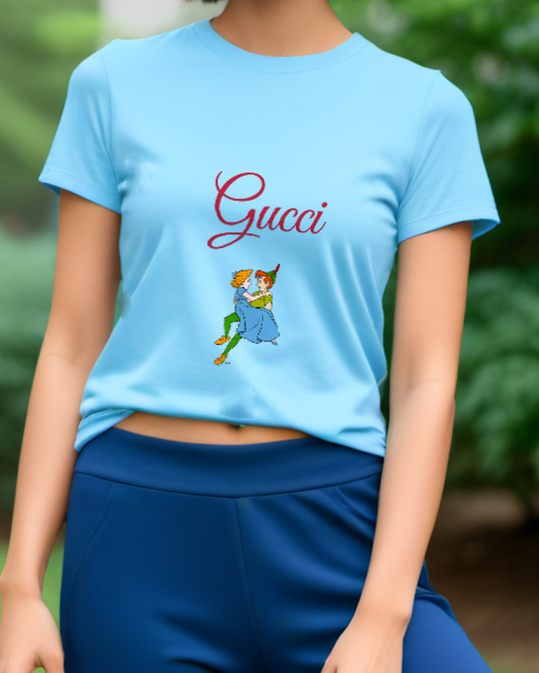 Sky Blue Peter Pan And Wendy Embracing Graphic T-Shirt - model wearing view