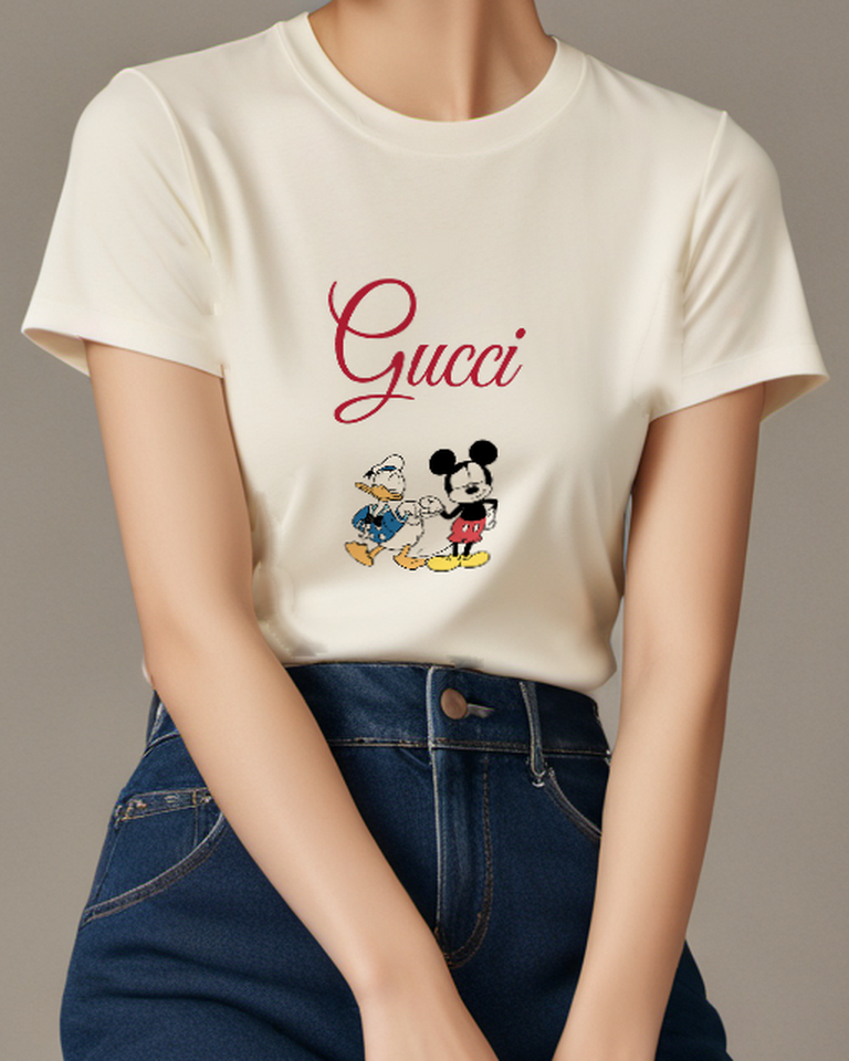 Ivory Mickey And Donald Fist Bumping Graphic T-Shirt - model wearing view