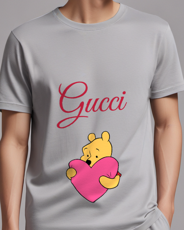 Light Gray Bear Giant Pink Heart Graphic T-Shirt - model wearing view