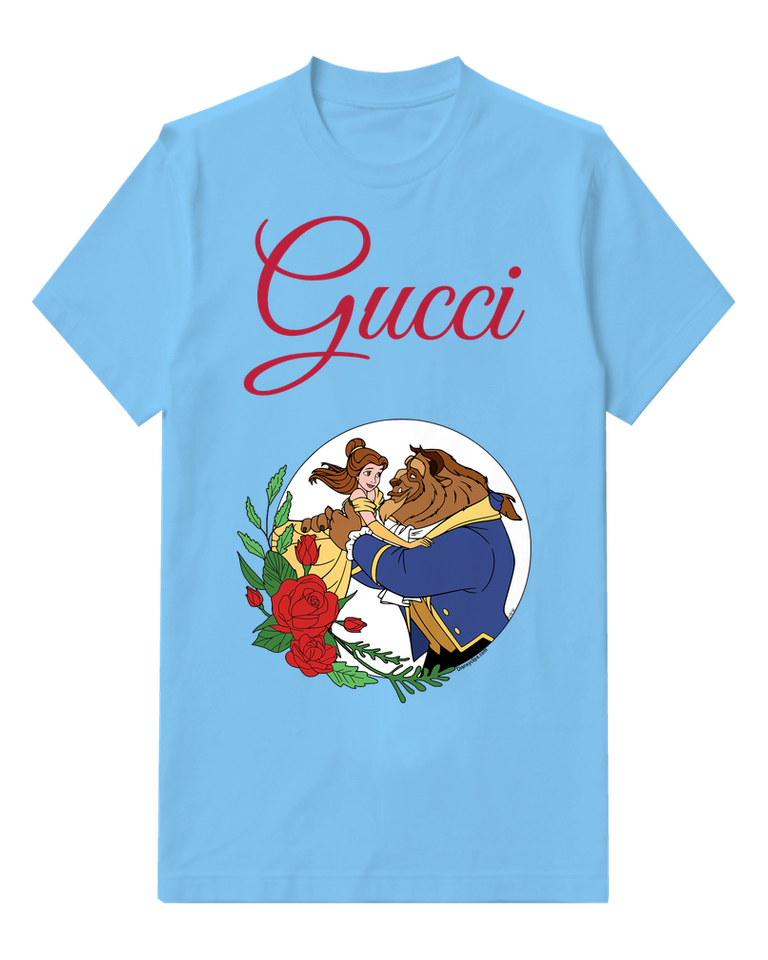 Sky Blue Belle And Beast Embracing In Dance Graphic T-Shirt - front product view