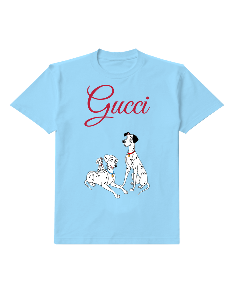 Sky Blue Dalmatian Parents With Puppy On Back Graphic T-Shirt - front product view