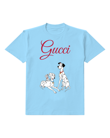Sky Blue Dalmatian Parents With Puppy On Back Graphic T-Shirt - front product view