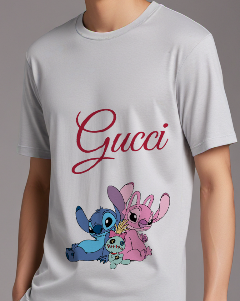 Light Gray Stitch And Angel Cuddling With Scrump Graphic T-Shirt - model wearing view