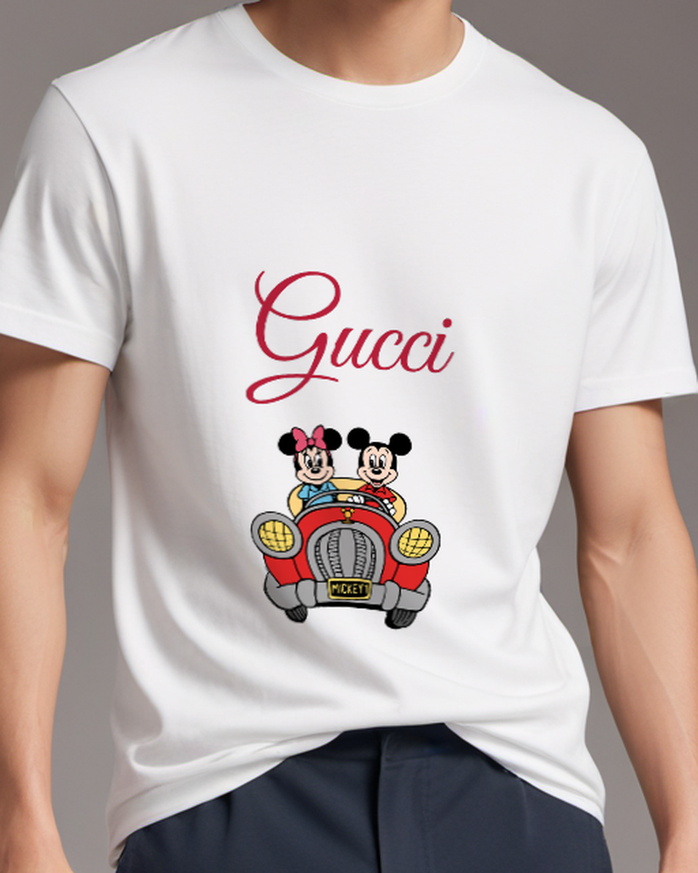 White Mickey And Minnie In Red Car Graphic T-Shirt - model wearing view