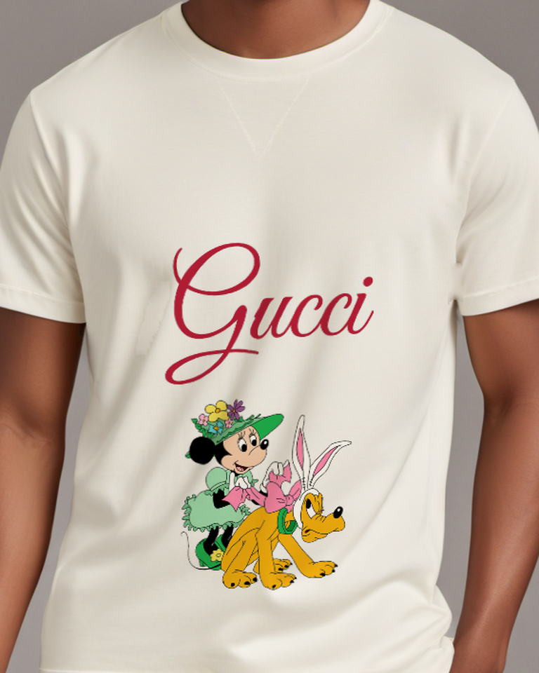 Light Gray Minnie Mouse With Easter Bunny Pluto Graphic T-Shirt - model wearing view