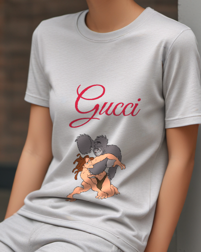 Light Gray Tarzan And Terk In Dynamic Wrestling Pose Graphic T-Shirt - model wearing view