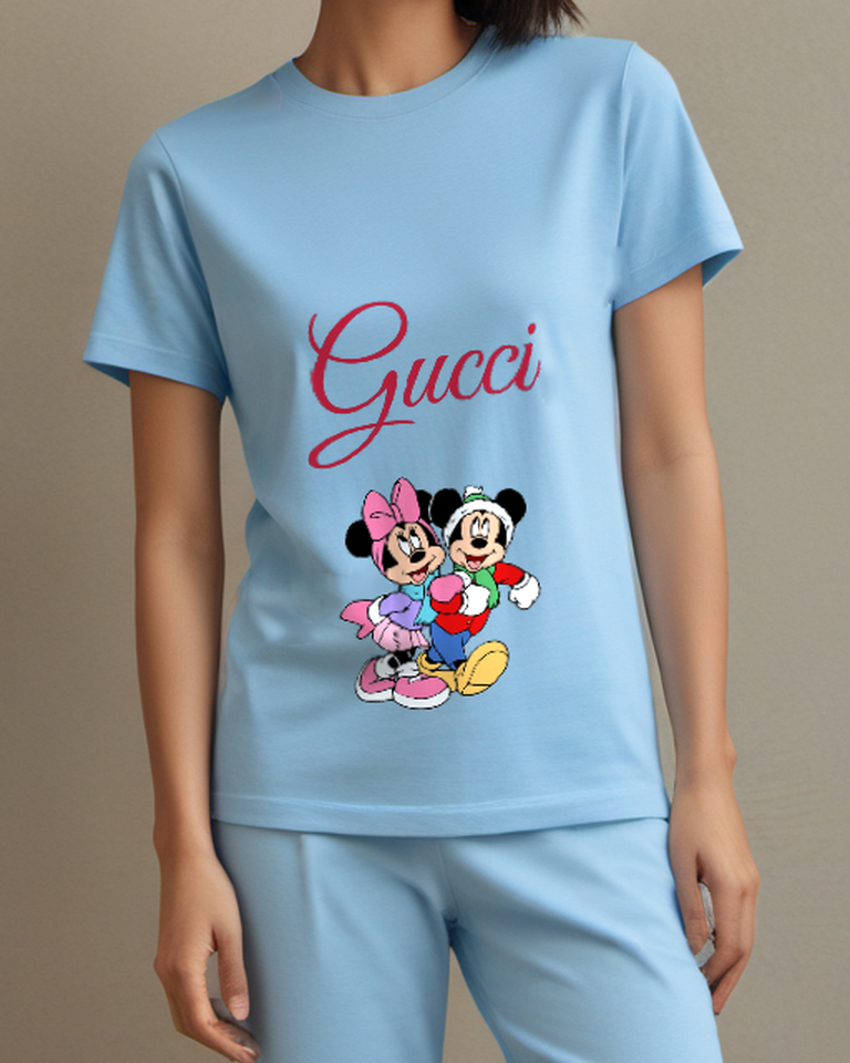 Sky Blue Mickey And Minnie In Winter Attire Graphic T-Shirt - model wearing view