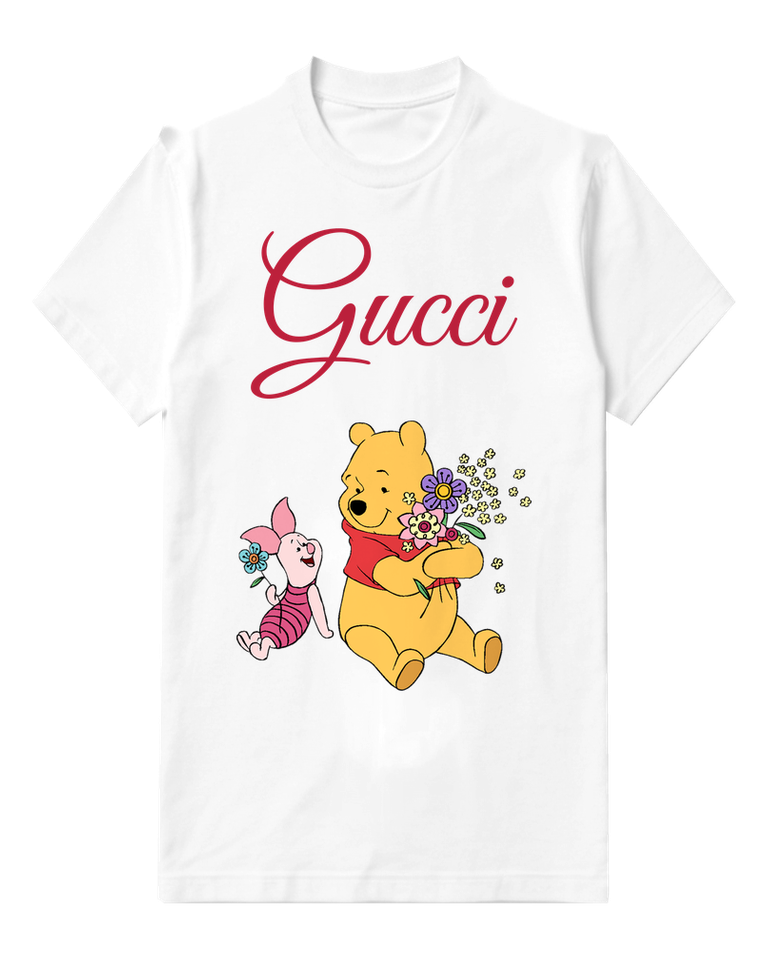White Winnie The Pooh Holding Flowers Graphic T-Shirt - front product view