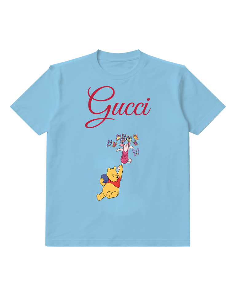 Sky Blue Winnie The Pooh Lifting Piglet With Butterflies Graphic T-Shirt - front product view