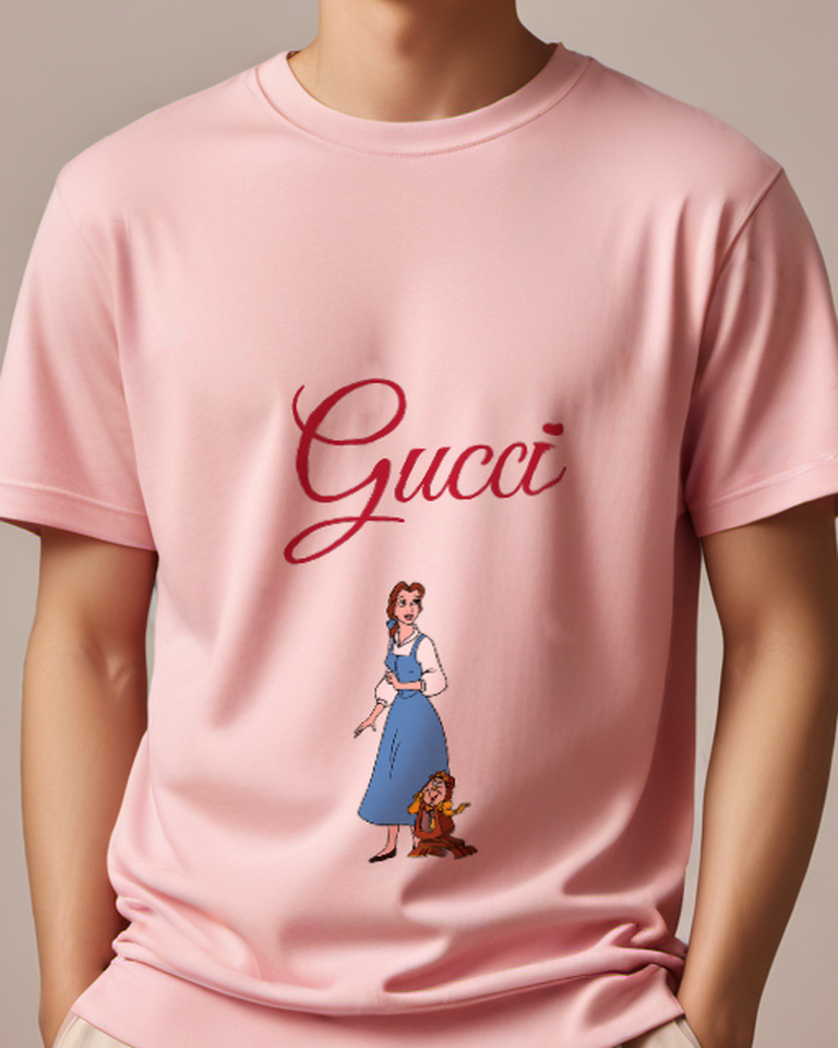 Blush Pink Belle Standing Beside Cogsworth In Blue Dress Graphic T-Shirt - model wearing view