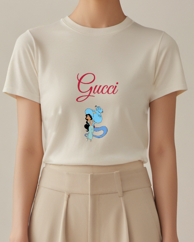 Ivory Jasmine And Genie In Playful Embrace Graphic T-Shirt - model wearing view