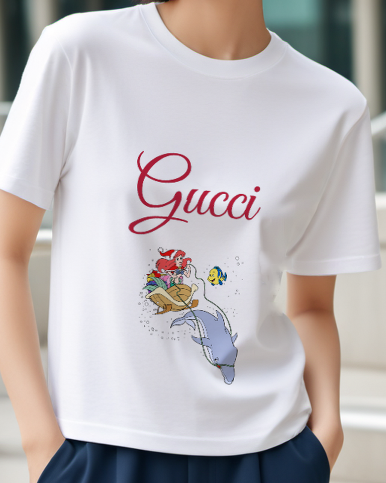 White Ariel Rides Dolphin With Flounder Graphic T-Shirt - model wearing view