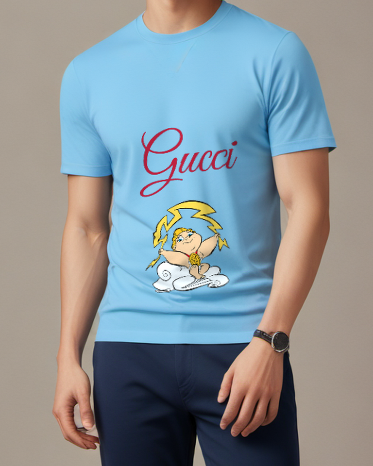 Sky Blue Cartoon Lightning God On Cloud Graphic T-Shirt - model wearing view