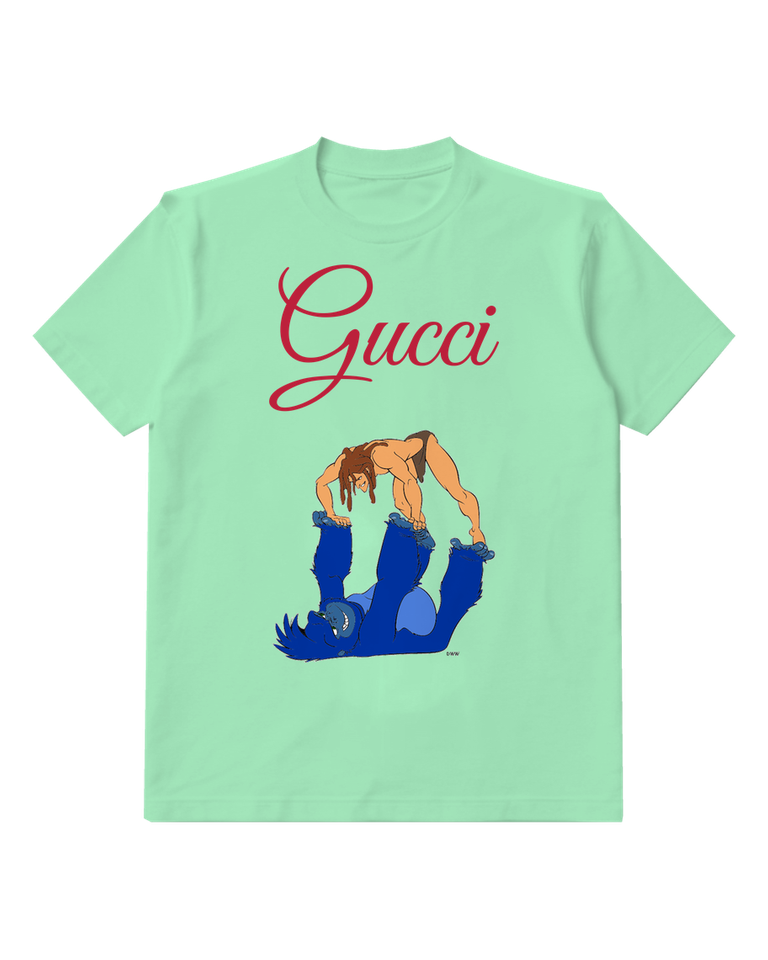 Sage Green Tarzan Balancing On Raised Feet With Terk Graphic T-Shirt - front product view