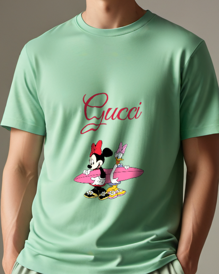 Sage Green Minnie And Daisy Holding Surfboard Graphic T-Shirt - model wearing view