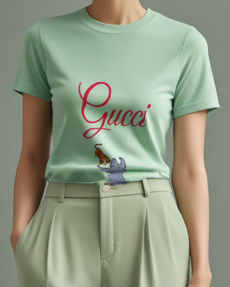 Sage Green Tiger And Bear In Playful Stance Graphic T-Shirt - model wearing view
