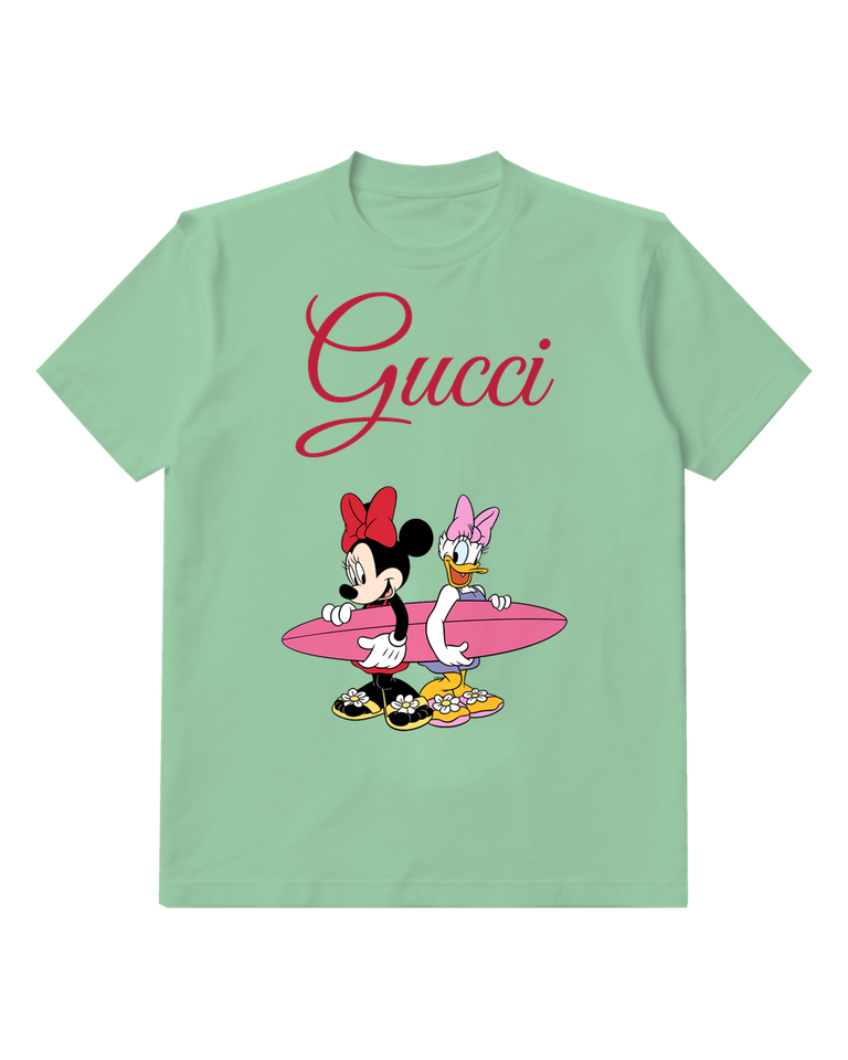 Sage Green Minnie And Daisy Holding Surfboard Graphic T-Shirt - front product view