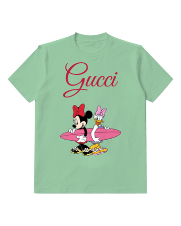 Sage Green Minnie And Daisy Holding Surfboard Graphic T-Shirt - front product view