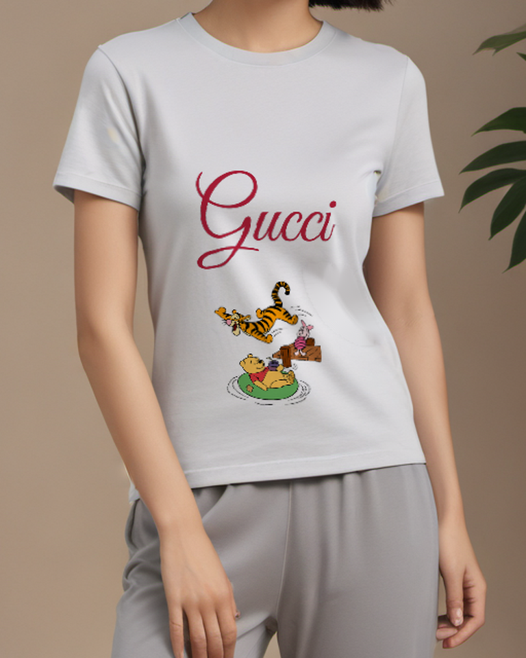 Light Gray Tigger Leaps Mid Air Above Piglet Graphic T-Shirt - model wearing view