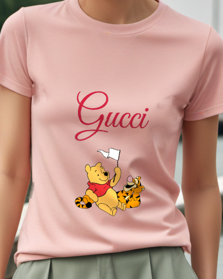 Blush Pink Winnie The Pooh Holding Flag Tigger Beside Him Graphic T-Shirt - model wearing view