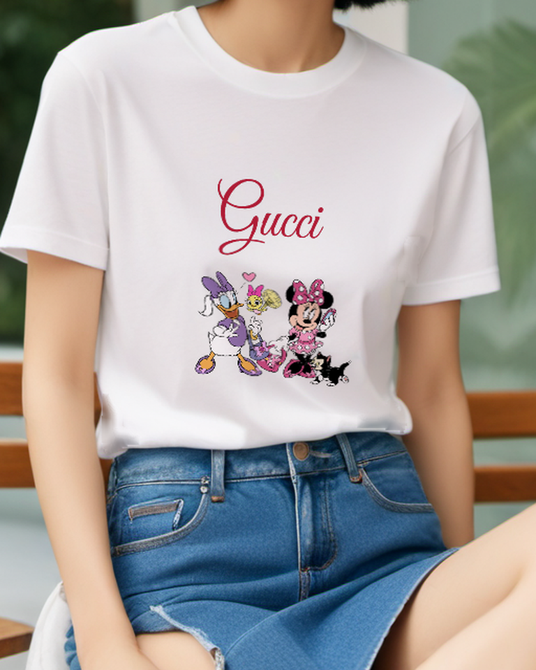 White Minnie And Daisy In Cheerful Poses Graphic T-Shirt - model wearing view