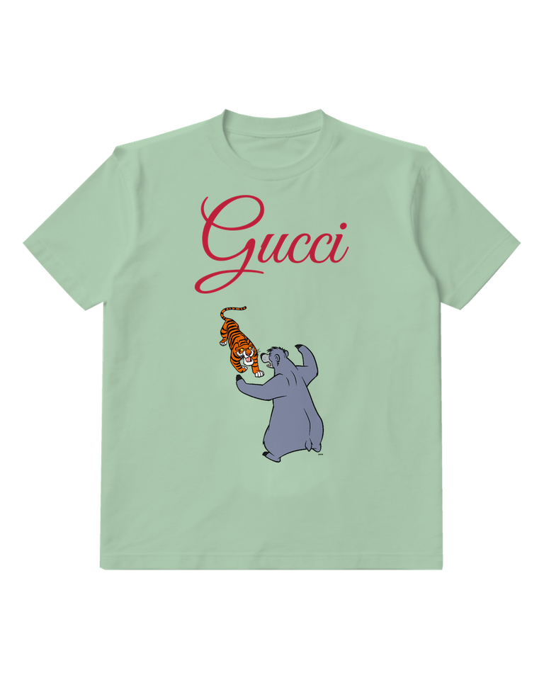 Sage Green Tiger And Bear In Playful Stance Graphic T-Shirt - front product view