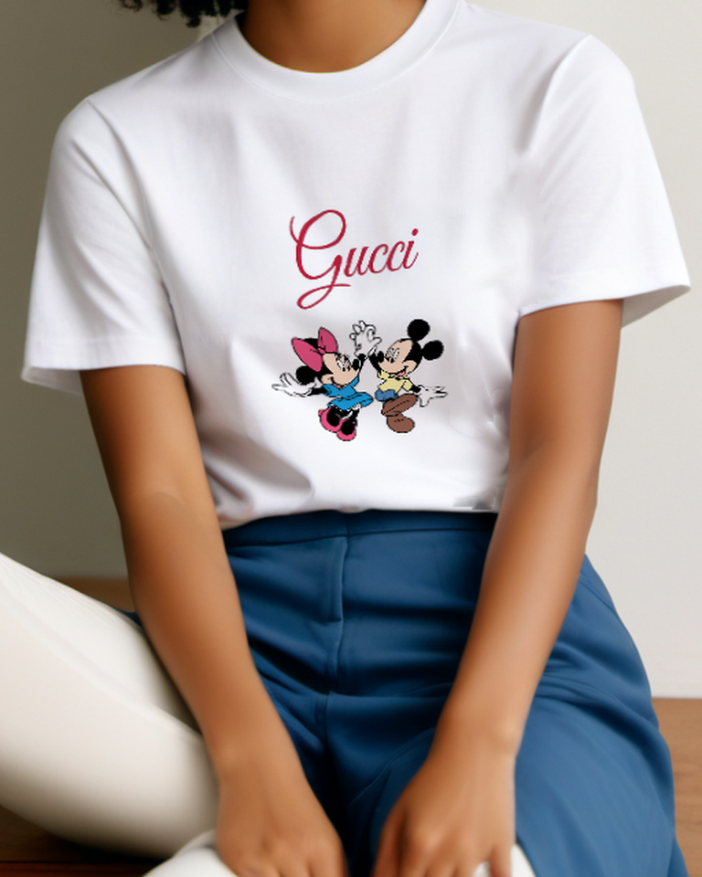 White Mickey And Minnie Jumping Together Graphic T-Shirt - model wearing view