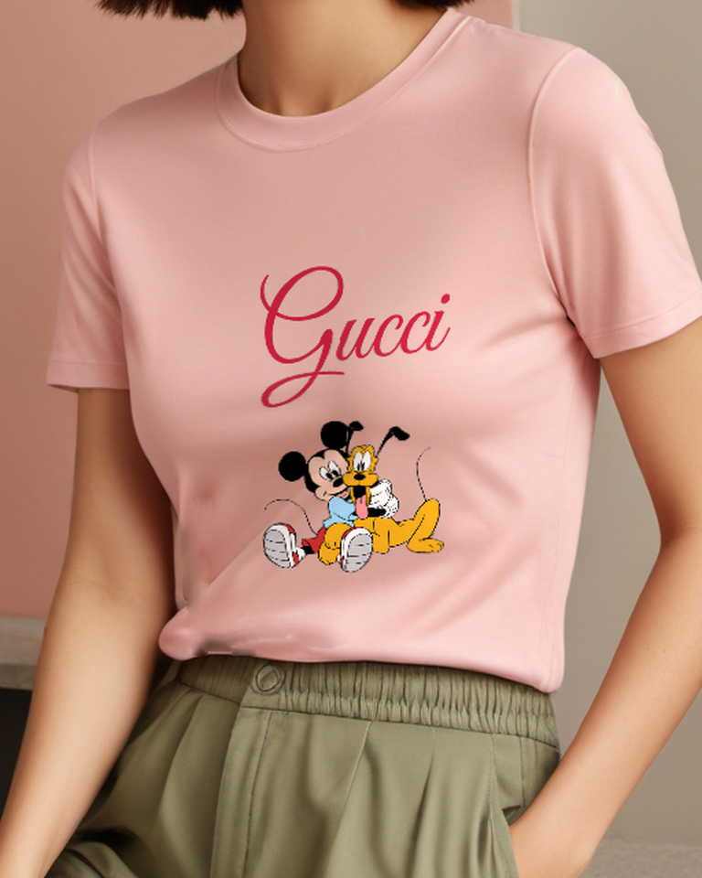 Blush Pink Mickey Mouse Hugs Pluto Graphic T-Shirt - model wearing view