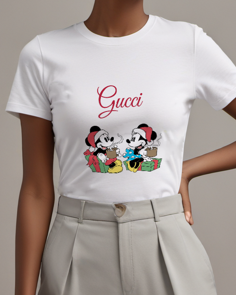 White Mickey And Minnie Sharing Hot Cocoa Graphic T-Shirt - model wearing view